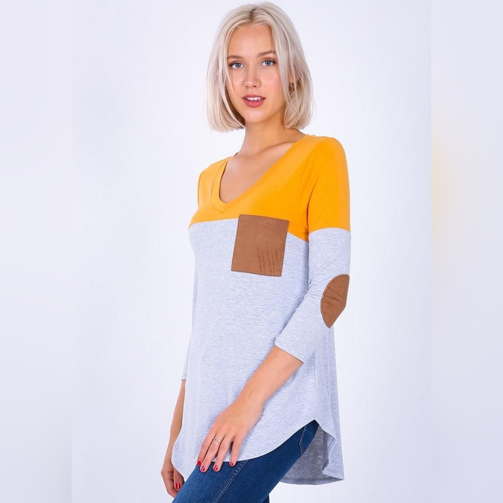 Zenana Outfitters Plus Size 2X Color Block V-Neck Top | Mustard Grey Tunic